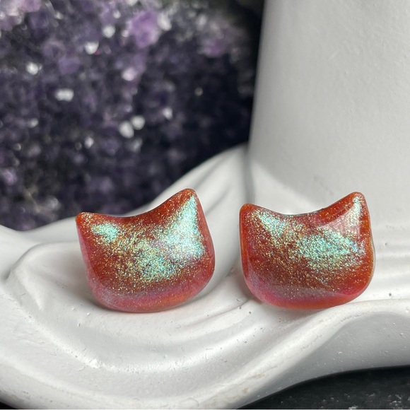 Artisan Other - Stud Earrings Sparkly Glitter Cat Stud Hand Poured Resin 
Post Earrings
